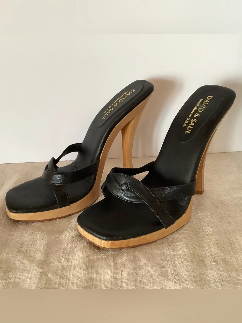 Rare Y2K USA Made Wood Leather Platform Heel Avant-Garde David & Saul. Sz 7